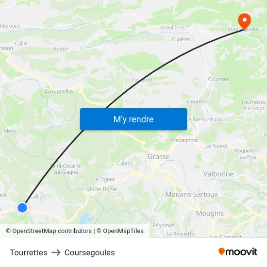 Tourrettes to Coursegoules map