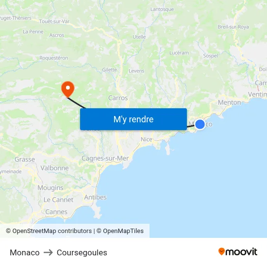 Monaco to Coursegoules map