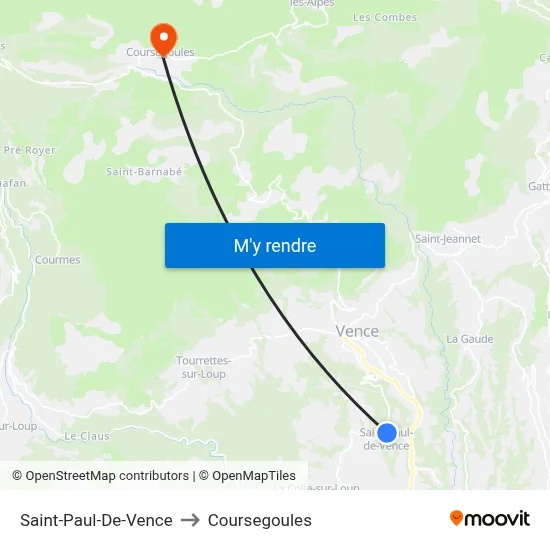 Saint-Paul-De-Vence to Coursegoules map