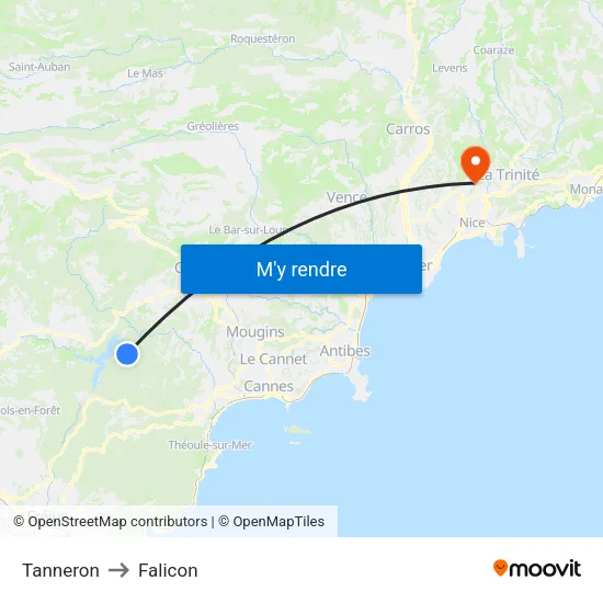 Tanneron to Falicon map