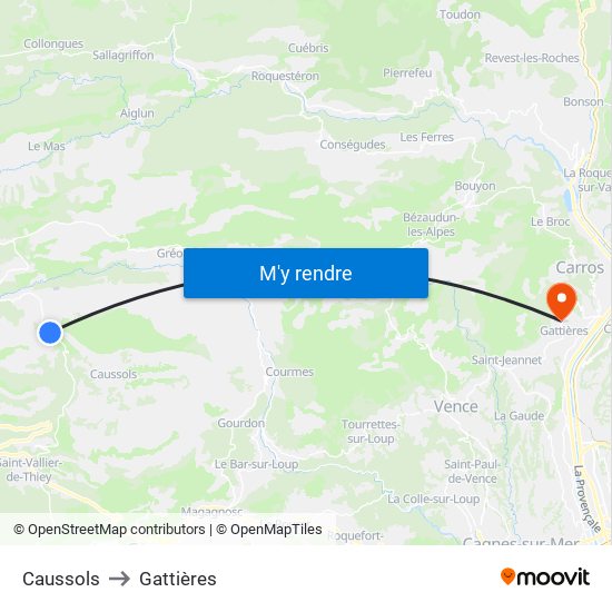 Caussols to Gattières map