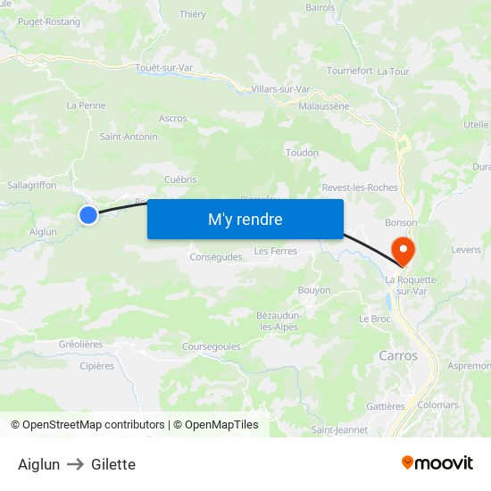 Aiglun to Gilette map