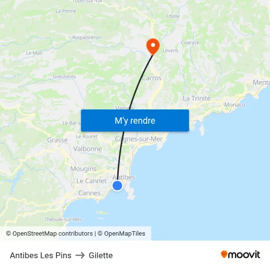 Antibes Les Pins to Gilette map