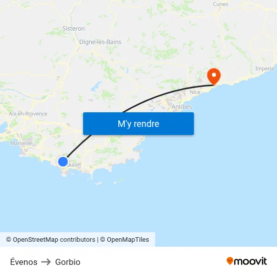 Évenos to Gorbio map