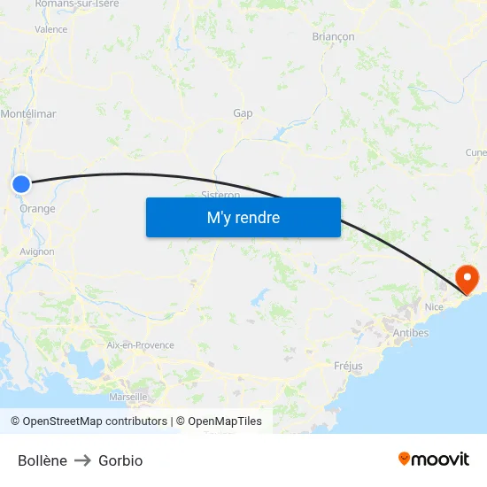 Bollène to Gorbio map