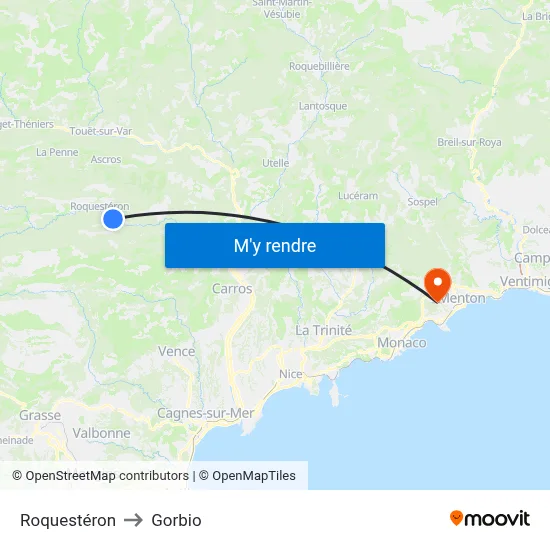 Roquestéron to Gorbio map