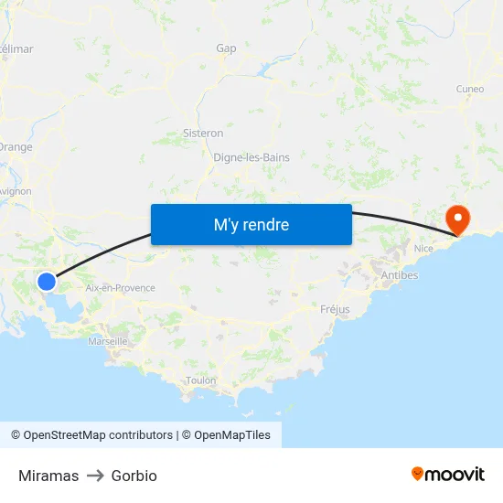 Miramas to Gorbio map