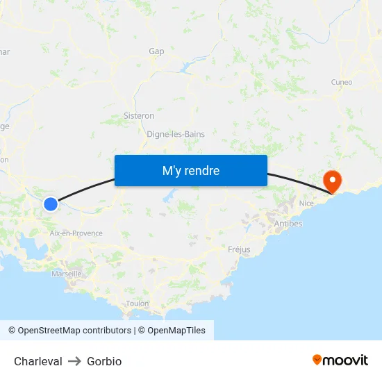 Charleval to Gorbio map