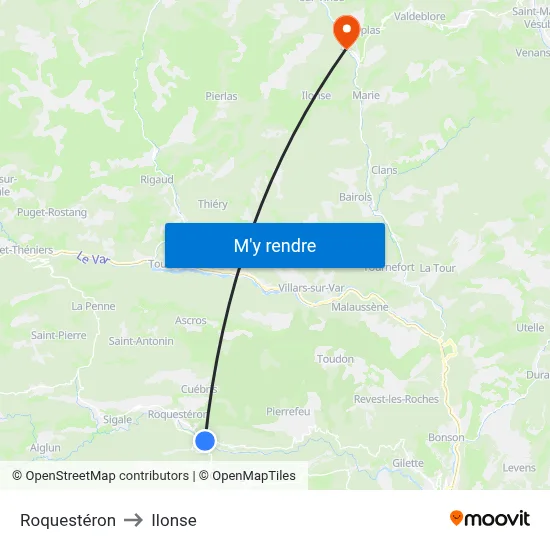 Roquestéron to Ilonse map
