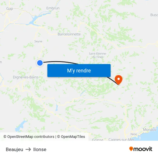 Beaujeu to Ilonse map