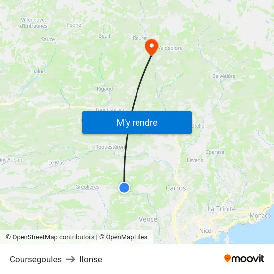 Coursegoules to Ilonse map