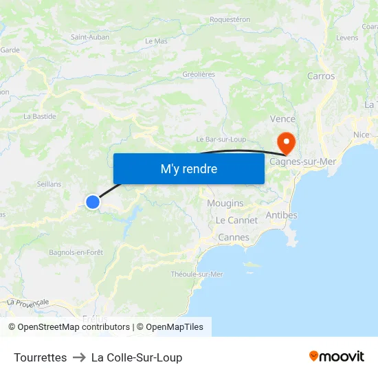 Tourrettes to La Colle-Sur-Loup map
