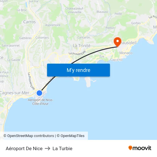 Aéroport De Nice to La Turbie map