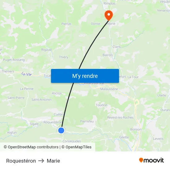 Roquestéron to Marie map