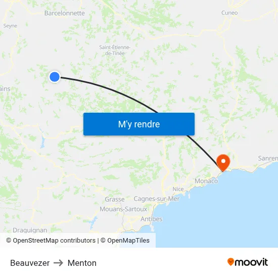 Beauvezer to Menton map