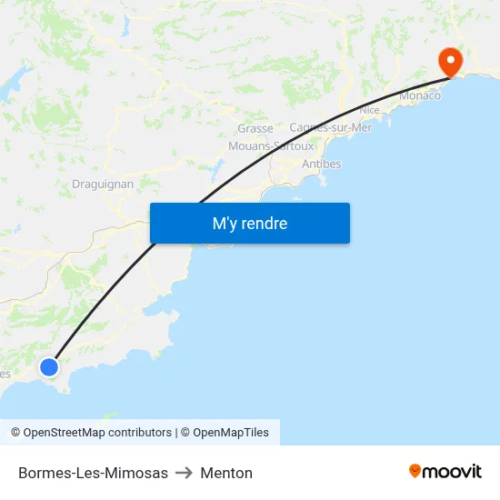 Bormes-Les-Mimosas to Menton map