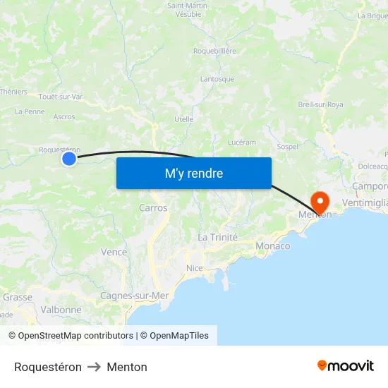 Roquestéron to Menton map