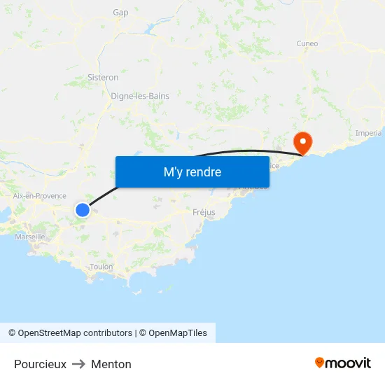 Pourcieux to Menton map