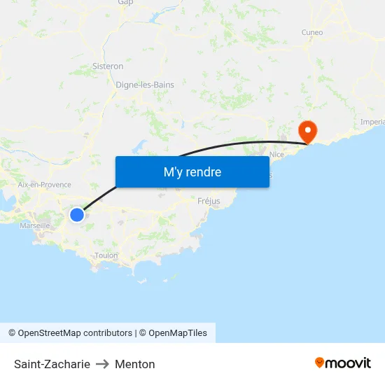 Saint-Zacharie to Menton map