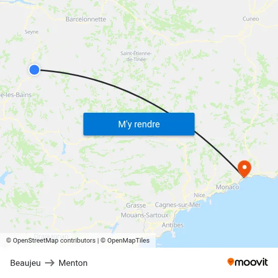 Beaujeu to Menton map