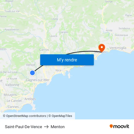 Saint-Paul-De-Vence to Menton map