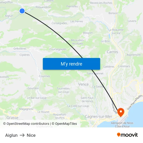 Aiglun to Nice map