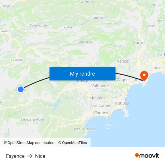 Fayence to Nice map