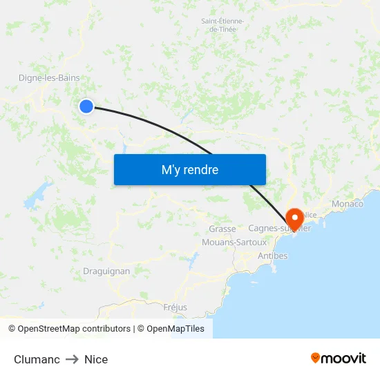 Clumanc to Nice map