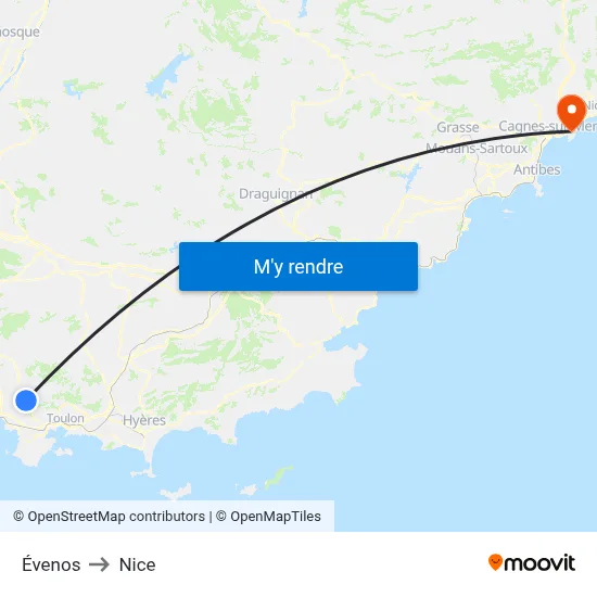 Évenos to Nice map