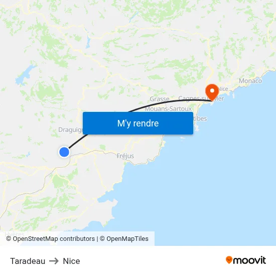 Taradeau to Nice map