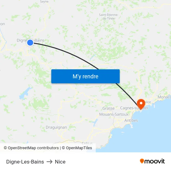 Digne-Les-Bains to Nice map