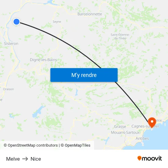 Melve to Nice map
