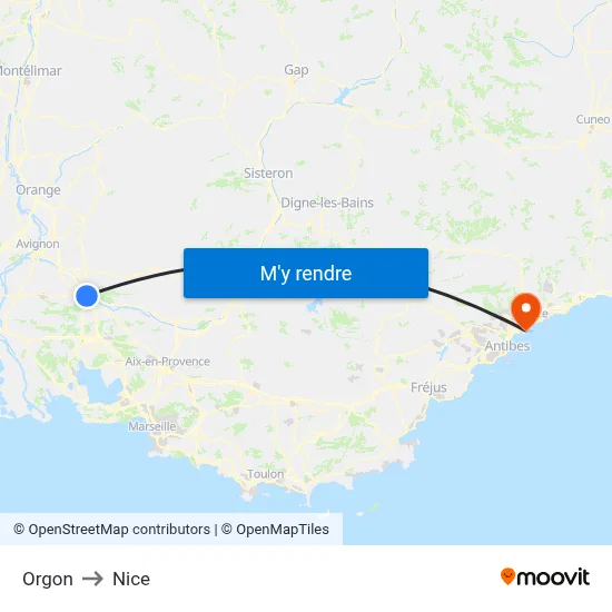 Orgon to Nice map