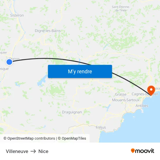 Villeneuve to Nice map