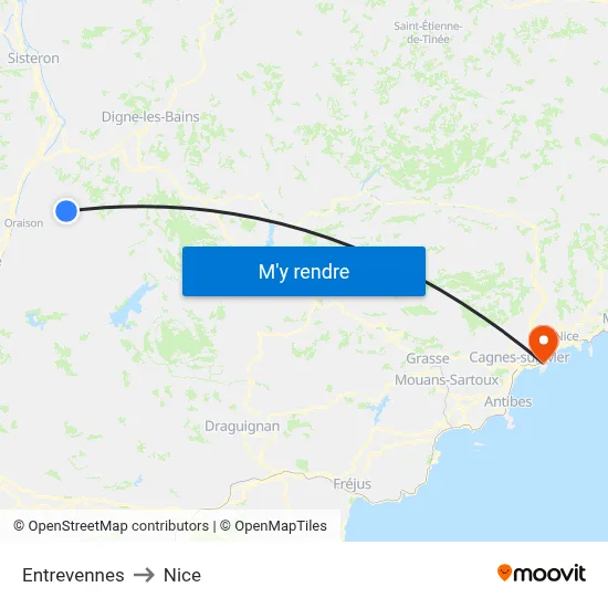 Entrevennes to Nice map