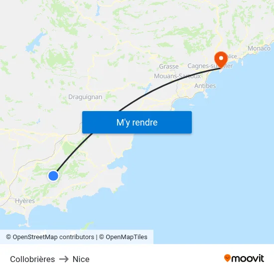 Collobrières to Nice map