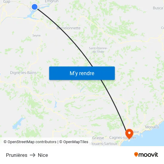 Prunières to Nice map
