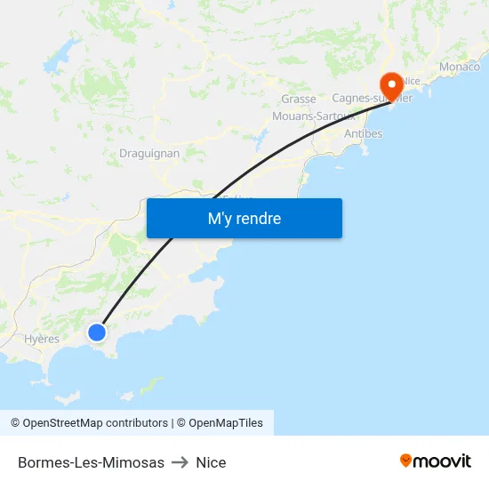 Bormes-Les-Mimosas to Nice map