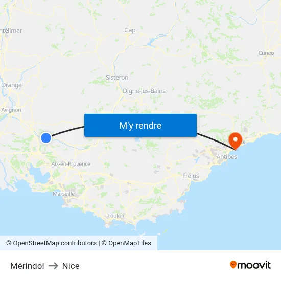Mérindol to Nice map
