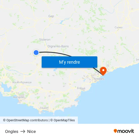 Ongles to Nice map