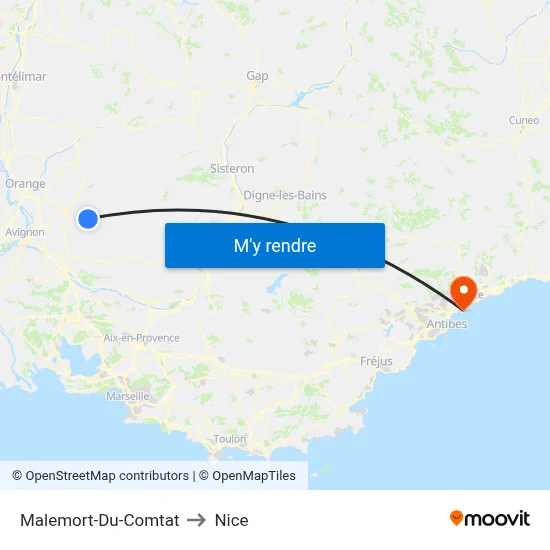 Malemort-Du-Comtat to Nice map