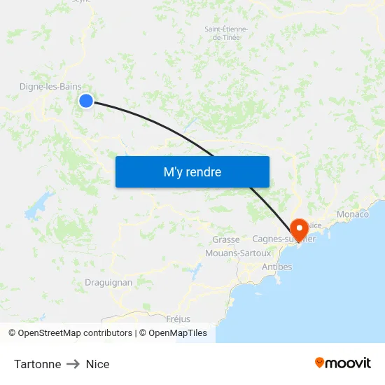 Tartonne to Nice map