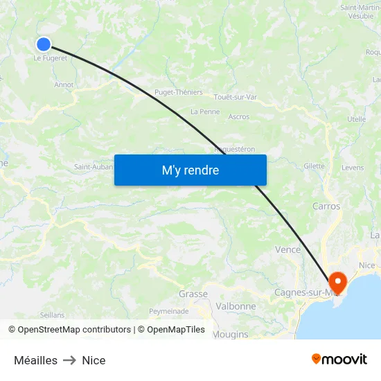 Méailles to Nice map
