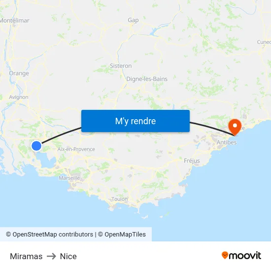 Miramas to Nice map