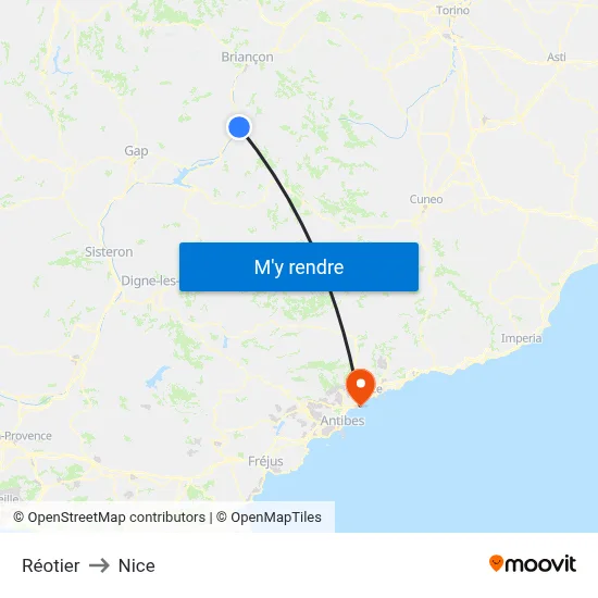 Réotier to Nice map