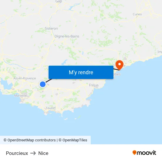 Pourcieux to Nice map