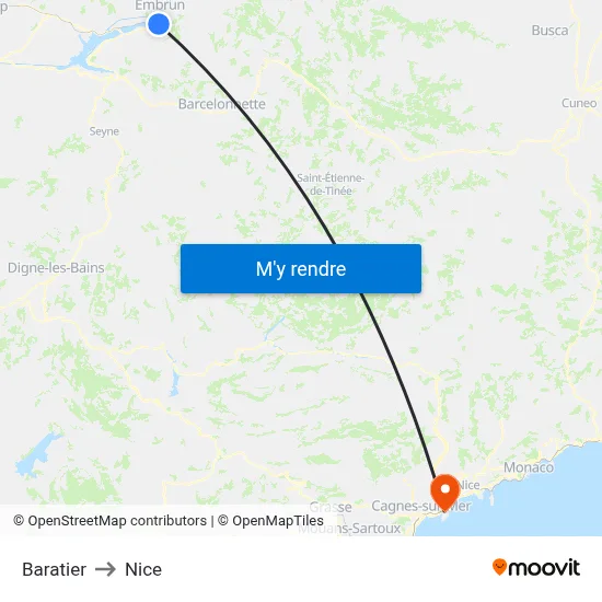 Baratier to Nice map