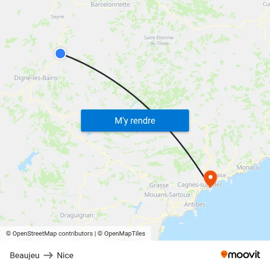 Beaujeu to Nice map