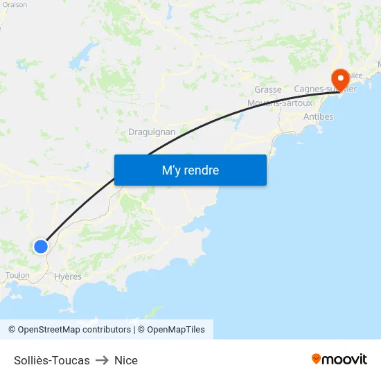 Solliès-Toucas to Nice map