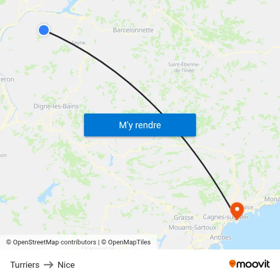 Turriers to Nice map